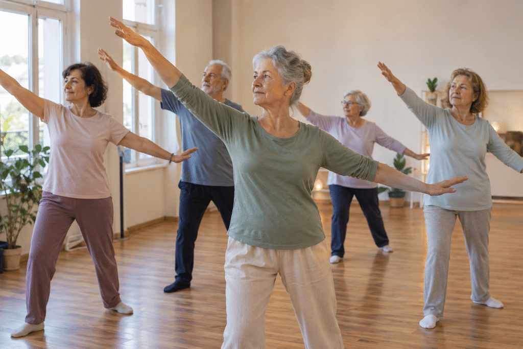 Gimnasia Activa para Adultos: 5 Beneficios Claves calentamiento antes de bailar Clase de Gimnasia Activa en estudio de danza en Sabarís, Baiona. Alumnas participando en una sesión de Gimnasia Activa y acondicionamiento físico en el estudio de danza HuslingDance en Baiona.