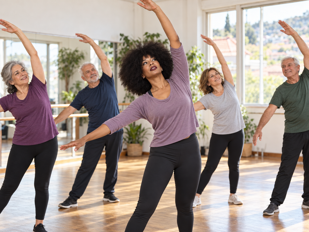 Gimnasia Activa para Adultos: 5 Beneficios Claves gimnasia activa Alumnos participando en una sesión de Gimnasia Activa y acondicionamiento físico en el estudio de danza HuslingDance en Baiona.